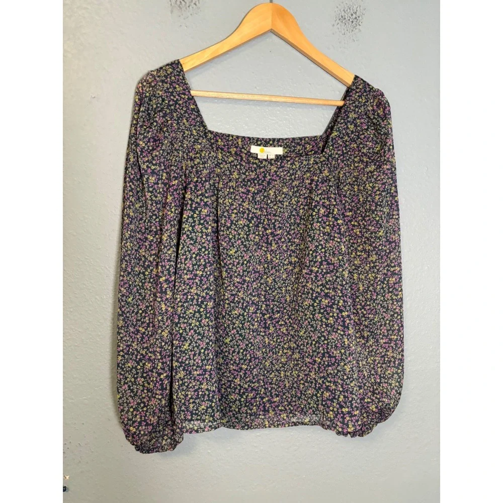 Boden Square Neck Floral Printed Peasant Top Navy Pink Size 4 Cottagecore‎